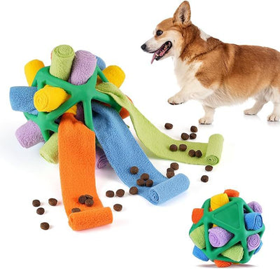 Colorful pet sniffing ball interactive toy with rolled fabric strips, shown with a corgi and scattered kibble. - Image 10