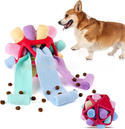 Colorful pet sniffing ball interactive toy with rolled fabric strips, shown with a corgi and scattered kibble. - Image 12
