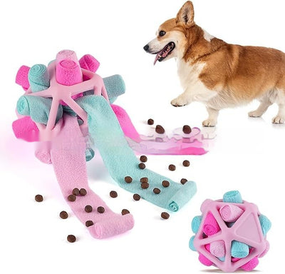 Colorful pet sniffing ball interactive toy with rolled fabric strips, shown with a corgi and scattered kibble. - Image 14