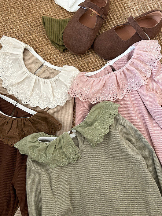 Blusa Infantil de Cachemira con Cuello de Encaje y Rayas Hundidas - Image 61