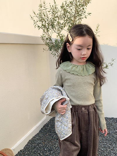 Blusa Infantil de Cachemira con Cuello de Encaje y Rayas Hundidas - Image 74