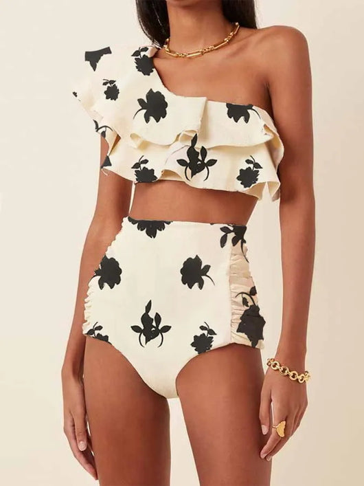 Bikini de Cintura Alta con Hombro Descubierto y Volantes Estampado - Image 10