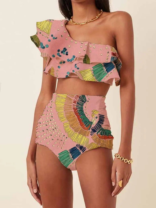 Bikini de Cintura Alta con Hombro Descubierto y Volantes Estampado - Image 11