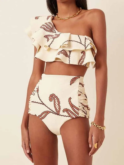 Bikini de Cintura Alta con Hombro Descubierto y Volantes Estampado - Image 12