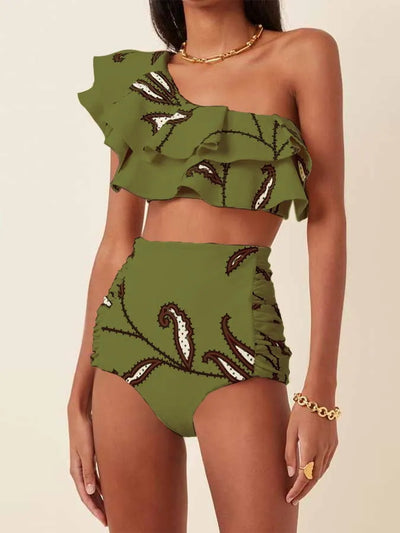 Bikini de Cintura Alta con Hombro Descubierto y Volantes Estampado - Image 13