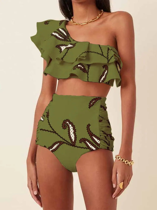 Bikini de Cintura Alta con Hombro Descubierto y Volantes Estampado - Image 13