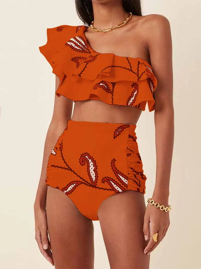 Bikini de Cintura Alta con Hombro Descubierto y Volantes Estampado - Image 14