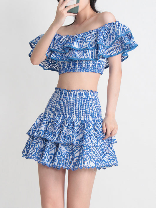 Conjunto de Playa Elegante: Blusa Corta con Cuello y Volantes + Falda Cintura Alta - Image 23