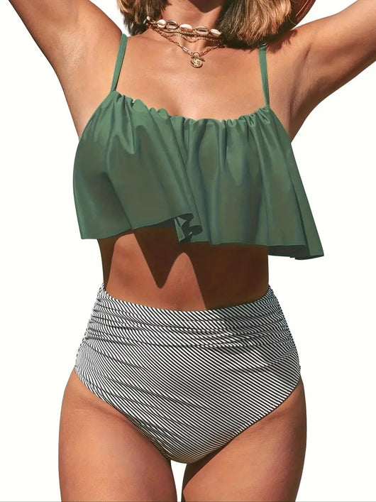 Women's black ruffled tankini swim top with adjustable straps and high-waisted black and white striped swim bottoms. - Image 25