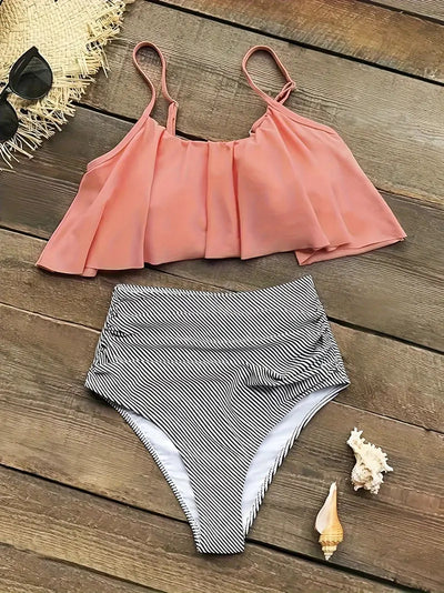 Women's black ruffled tankini swim top with adjustable straps and high-waisted black and white striped swim bottoms. - Image 30