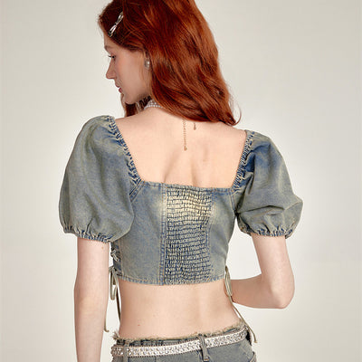 Top Denim Cropped con Cintura Fruncida y Cordones - Image 19