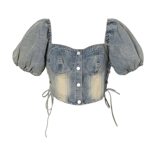 Top Denim Cropped con Cintura Fruncida y Cordones - Image 20