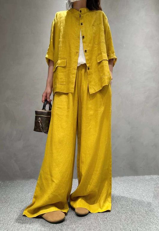 Conjunto de Lino Casual: Camisa Manga Corta y Pantalón de Color Liso - Image 22