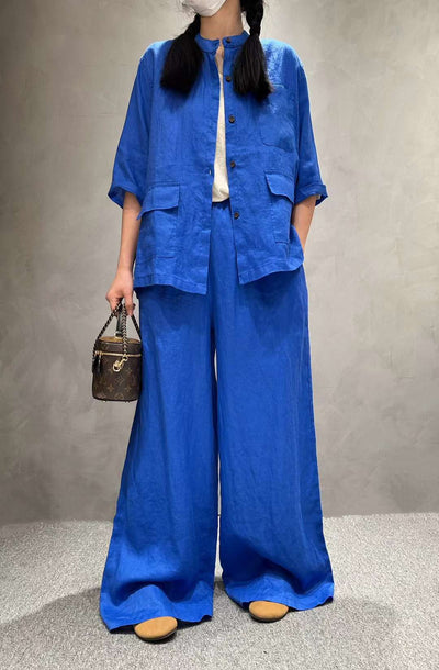 Conjunto de Lino Casual: Camisa Manga Corta y Pantalón de Color Liso - Image 27