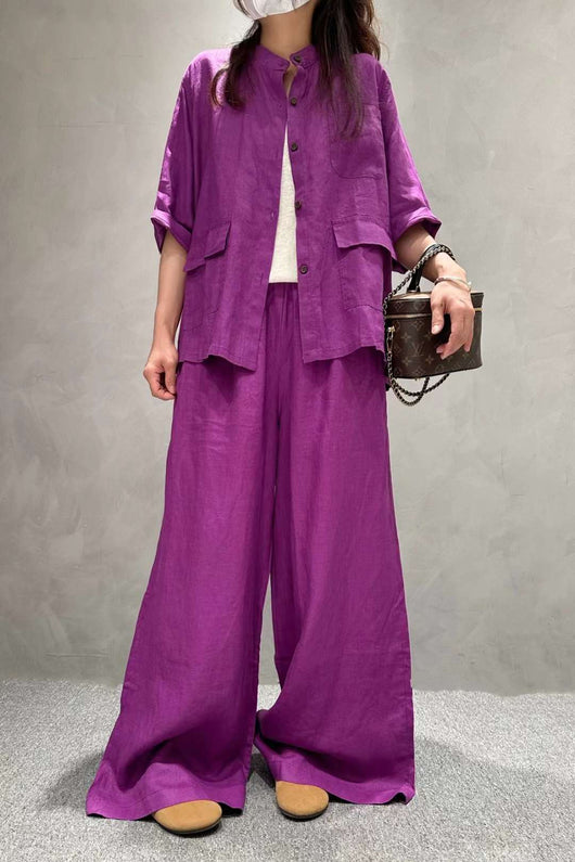 Conjunto de Lino Casual: Camisa Manga Corta y Pantalón de Color Liso - Image 28