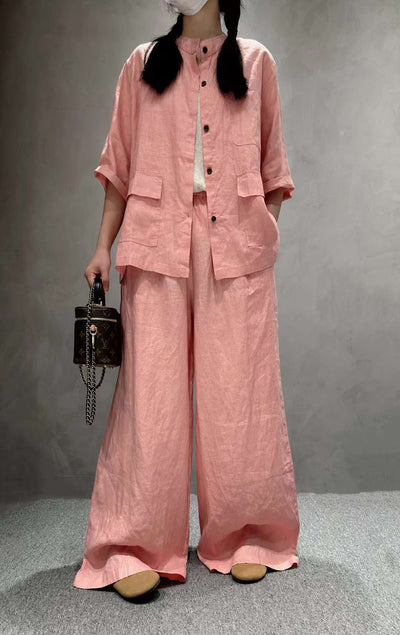 Conjunto de Lino Casual: Camisa Manga Corta y Pantalón de Color Liso - Image 30