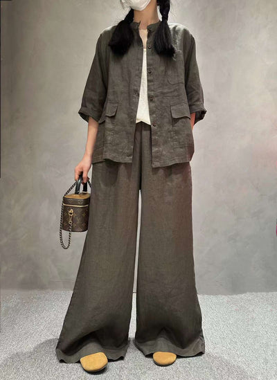 Conjunto de Lino Casual: Camisa Manga Corta y Pantalón de Color Liso - Image 31