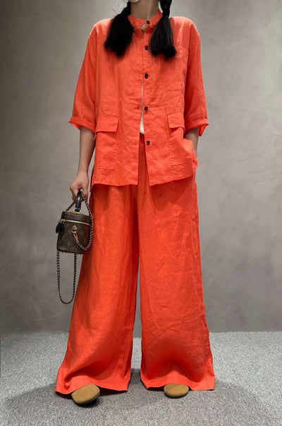 Conjunto de Lino Casual: Camisa Manga Corta y Pantalón de Color Liso - Image 32