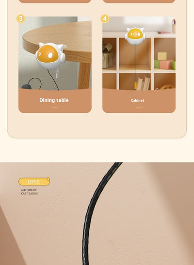 White and yellow electric cat toy with a telescopic string and a grey fluffy ball, designed to clamp onto surfaces. - Image 7