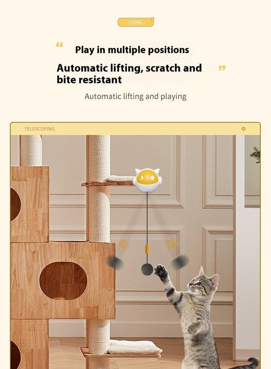 White and yellow electric cat toy with a telescopic string and a grey fluffy ball, designed to clamp onto surfaces. - Image 8