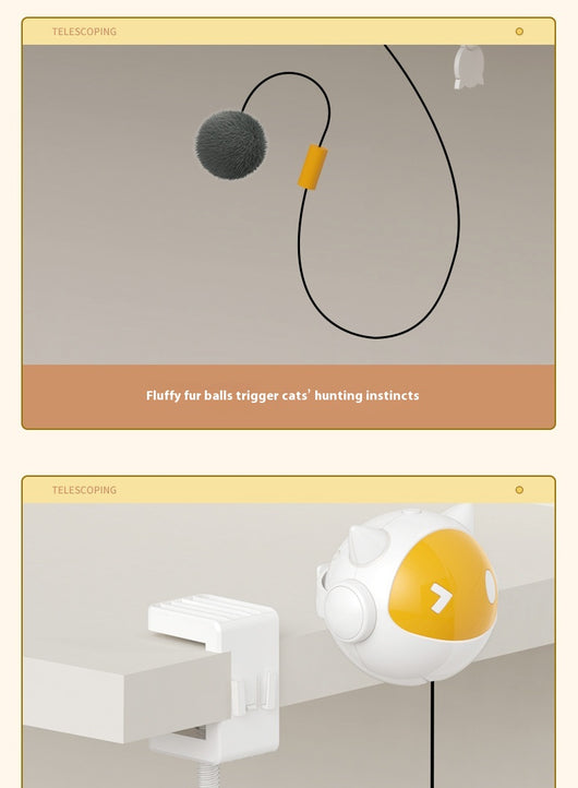 White and yellow electric cat toy with a telescopic string and a grey fluffy ball, designed to clamp onto surfaces. - Image 10