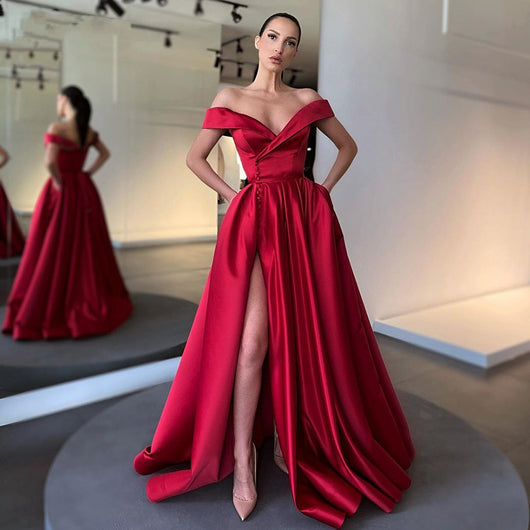 Vestido de Satén Elegante Cintura Alta Escote Frío y Abertura Profunda - Image 14