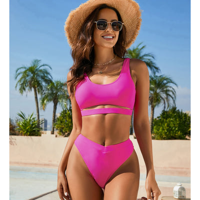 Dark green high-waisted bikini with a triangle top and under-bust cutout detail, made of solid color nylon. - Image 28