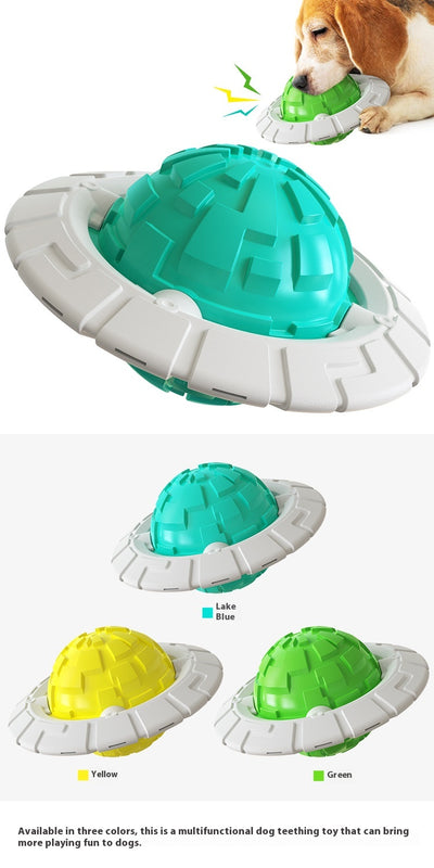 Green and white plastic dog toy with a textured ball center and a flat ring, designed for teeth grinding and sound interaction. - Image 7