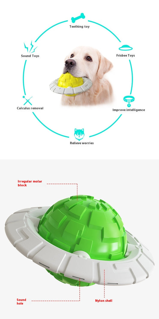 Green and white plastic dog toy with a textured ball center and a flat ring, designed for teeth grinding and sound interaction. - Image 8