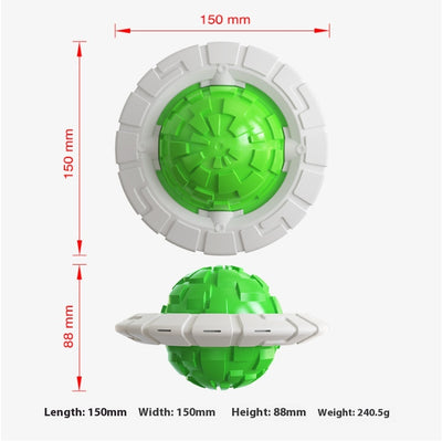 Green and white plastic dog toy with a textured ball center and a flat ring, designed for teeth grinding and sound interaction. - Image 9