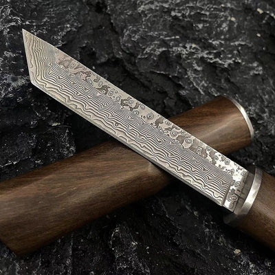 Cuchillo de Acero Damasco con Hoja Forjada, Mango de Sándalo Rojo y Vaina - Ideal para Aventuras al Aire Libre - Image 7