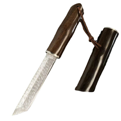Cuchillo de Acero Damasco con Hoja Forjada, Mango de Sándalo Rojo y Vaina - Ideal para Aventuras al Aire Libre - Image 8