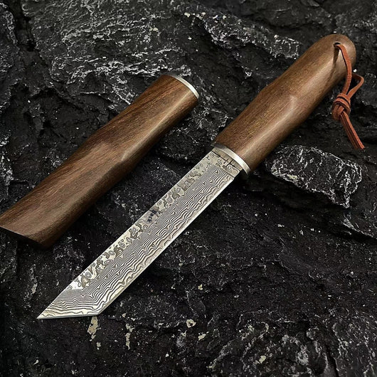 Cuchillo de Acero Damasco con Hoja Forjada, Mango de Sándalo Rojo y Vaina - Ideal para Aventuras al Aire Libre - Image 13