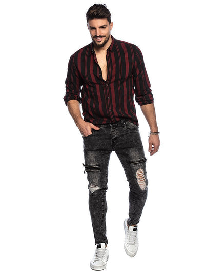 Camisa Manga Larga Slim Fit a Rayas Multicolor con Solapa para Hombre - Image 10