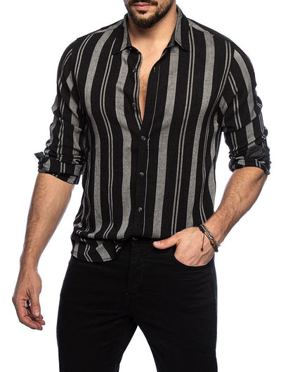 Camisa Manga Larga Slim Fit a Rayas Multicolor con Solapa para Hombre - Image 11