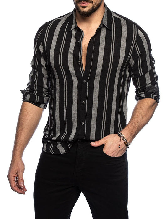 Camisa Manga Larga Slim Fit a Rayas Multicolor con Solapa para Hombre - Image 11