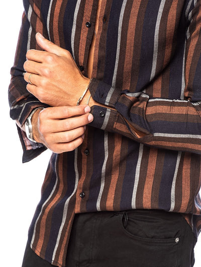 Camisa Manga Larga Slim Fit a Rayas Multicolor con Solapa para Hombre - Image 14