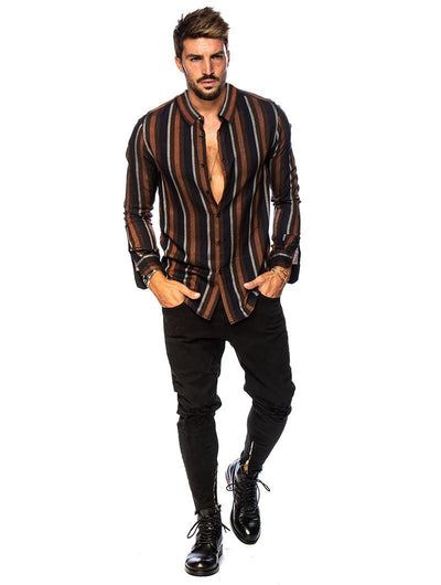 Camisa Manga Larga Slim Fit a Rayas Multicolor con Solapa para Hombre - Image 15