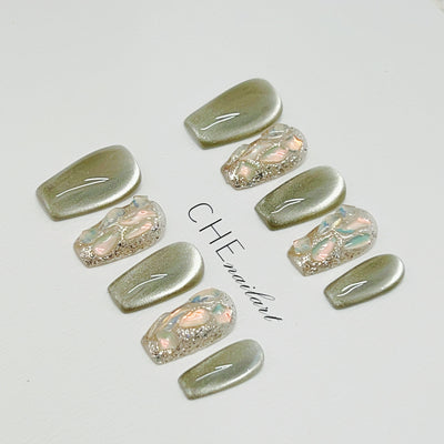 Calcomanías de Uñas Ojo de Gato Verde Armadura Hecha a Mano - Image 12