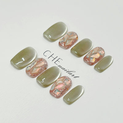 Calcomanías de Uñas Ojo de Gato Verde Armadura Hecha a Mano - Image 13
