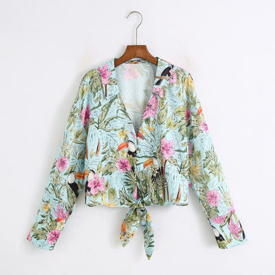 Camisa Manga Larga Estampado Floral con Lazo en V - Image 9