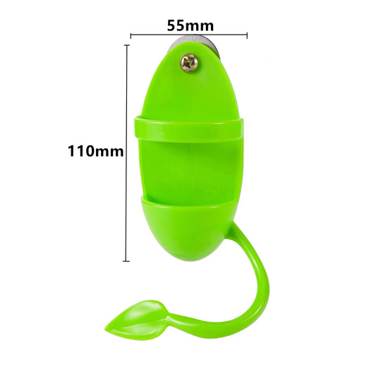 Bright green plastic bird food rack with a lower tray and a leaf-shaped perch, designed for cuttlefish. - Image 13
