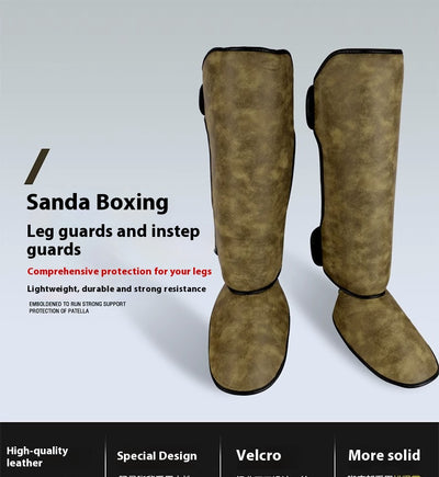 Pair of brown and black thickened shin guards for fighting and boxing, featuring a distressed leather-like texture. - Image 14