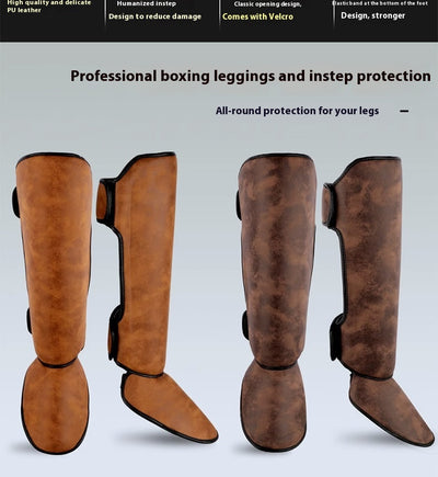 Pair of brown and black thickened shin guards for fighting and boxing, featuring a distressed leather-like texture. - Image 17
