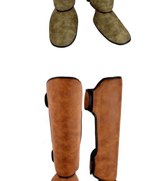 Pair of brown and black thickened shin guards for fighting and boxing, featuring a distressed leather-like texture. - Image 18