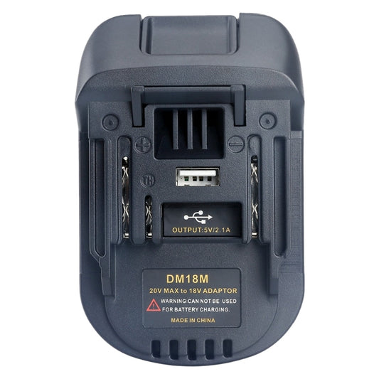 Dark gray 18V lithium battery adapter with a USB output port, converting 20V MAX to 18V for power tools.