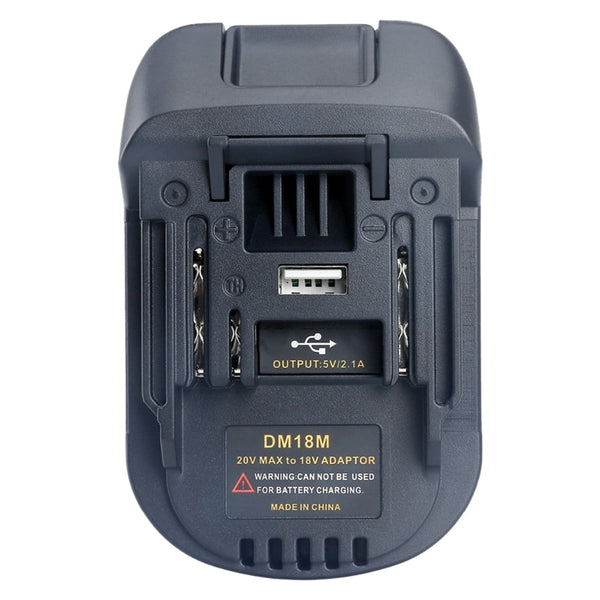 Dark gray 18V lithium battery adapter with a USB output port, converting 20V MAX to 18V for power tools.