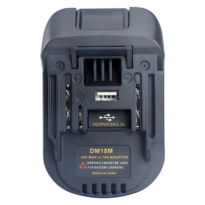 Dark gray 18V lithium battery adapter with a USB output port, converting 20V MAX to 18V for power tools.