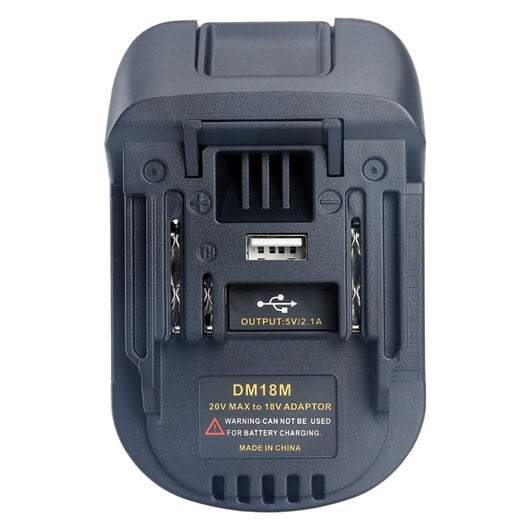 Dark gray 18V lithium battery adapter with a USB output port, converting 20V MAX to 18V for power tools.