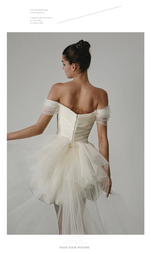 Vestido de Novia Blanco Corto con Hombros Descubiertos - Image 10